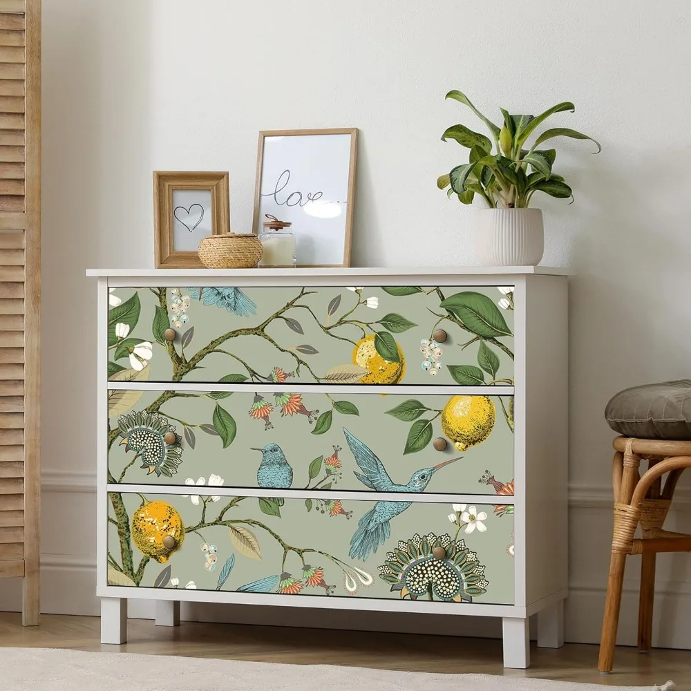 ورق جدران كلاسيكي قابل للتقشير واللصق باللون الأخضر المريمية مع الطيور والزهور والليمون الذهبي والأشجار للمطبخ، طراز بوهيمي