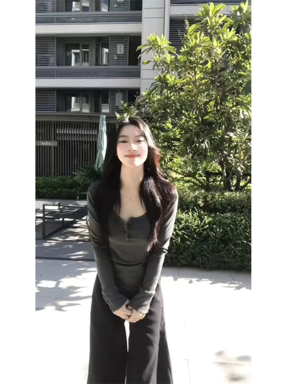 Dopasowana koszulka z długim rękawem, dekolt w kształcie litery U, damska, wiosenno-jesienna, styl uliczny, mieszanka bawełny, podstawowa koszulka, designerska, czuła, codzienna...