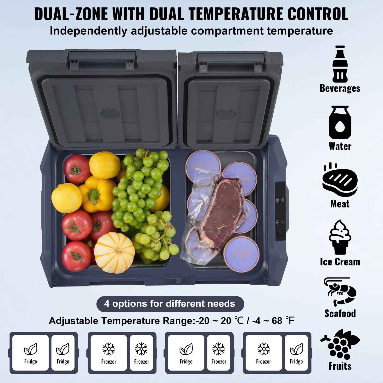 

Portable 40 L Dual Zone Car Refrigerator Freezer Compressor for Home and Car Use