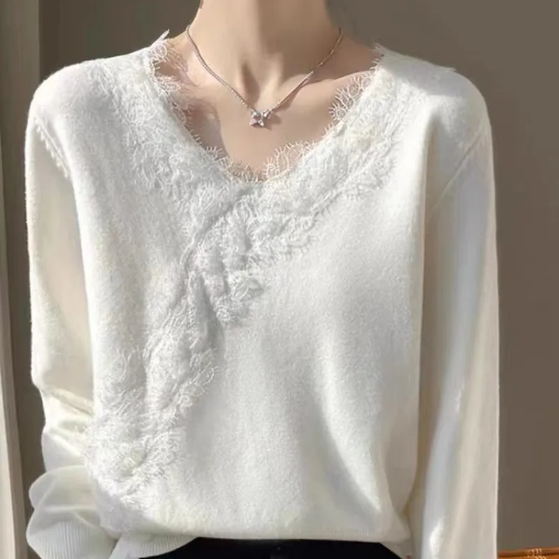 Women's Clothing Fashion Lace V-neck Sweaters Temperament Elegant Knitted Tops Vintage Commute Loose Chic Solid Pullovers