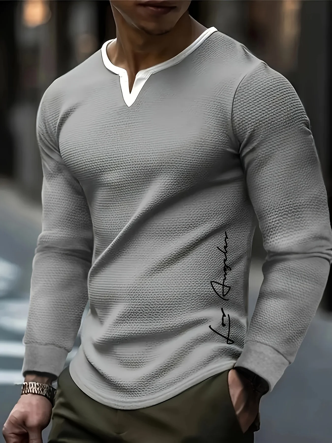 Men Fake Two-Piece Long Sleeve T-Shirt Waffle Print Oversized Tops Loose Breathable Outdoor Sports Casual Streetwear Male Tees
