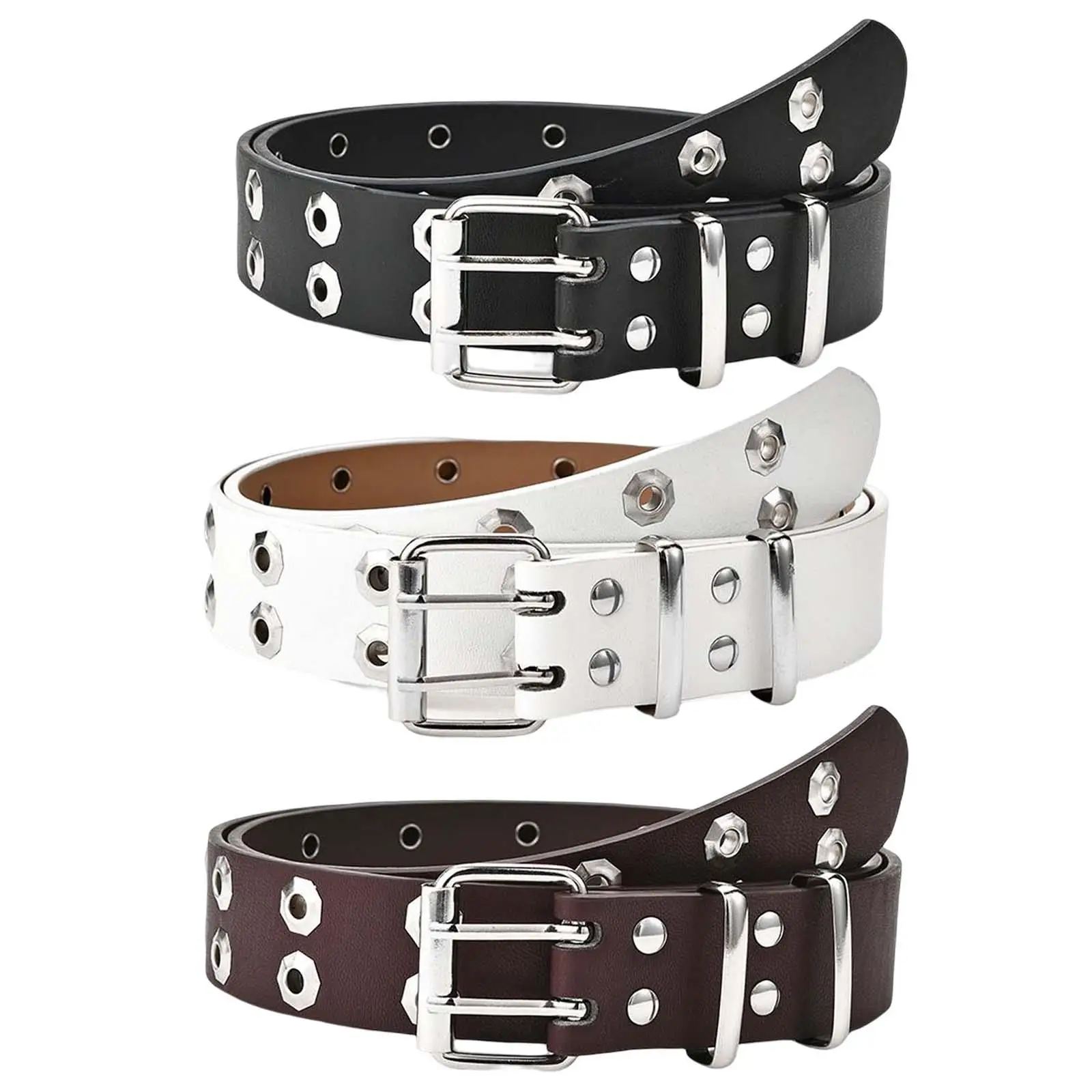 Punk Waist Belt PU Leather Double Prong Buckle for Halloween Jeans Dresses