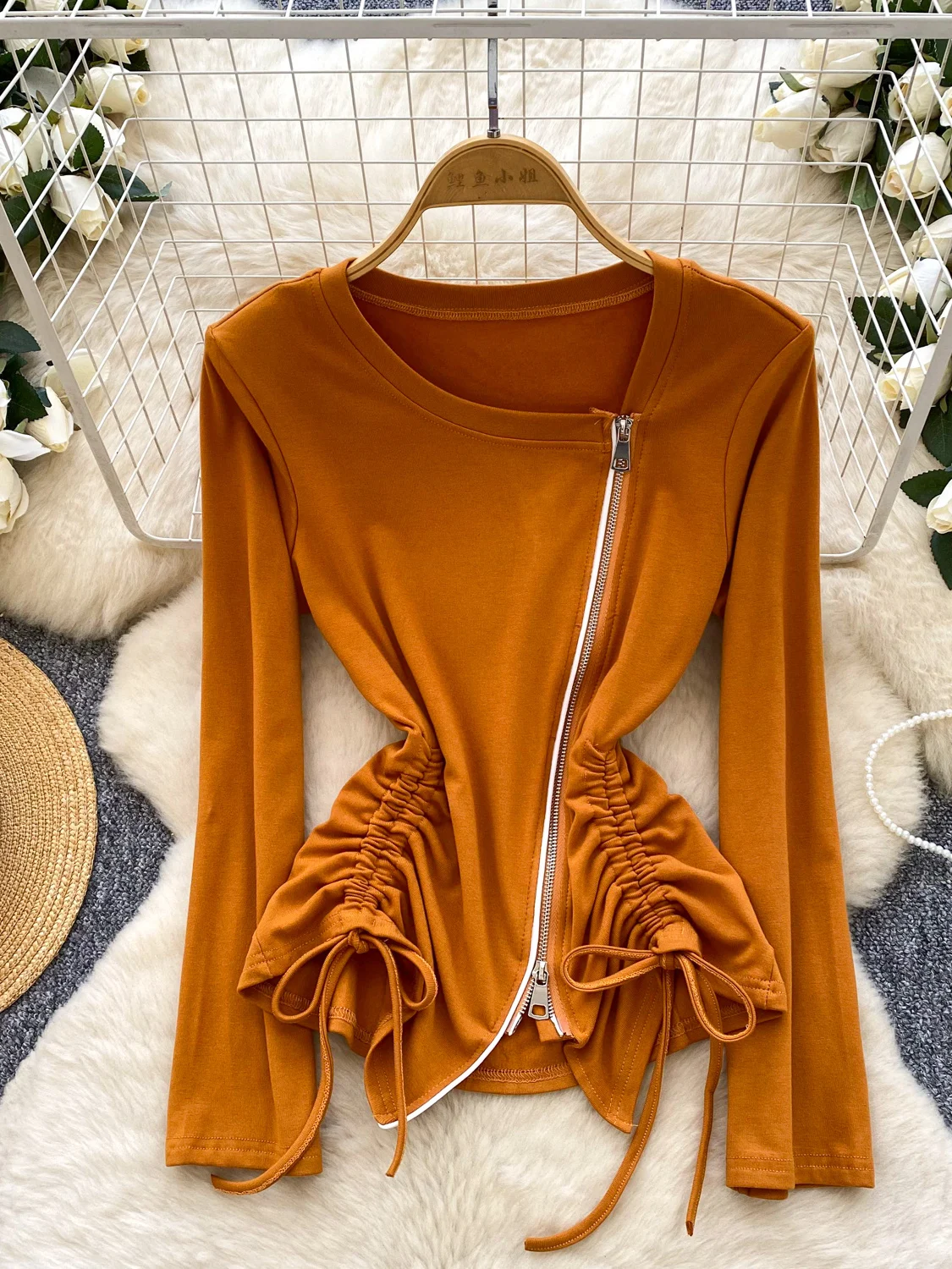 

Women Autumn Winter Shirt Irregular Zipper Straps Slim-fitting Long-sleeved Top Base Shirt T-shirt Pullover Top Female BL295