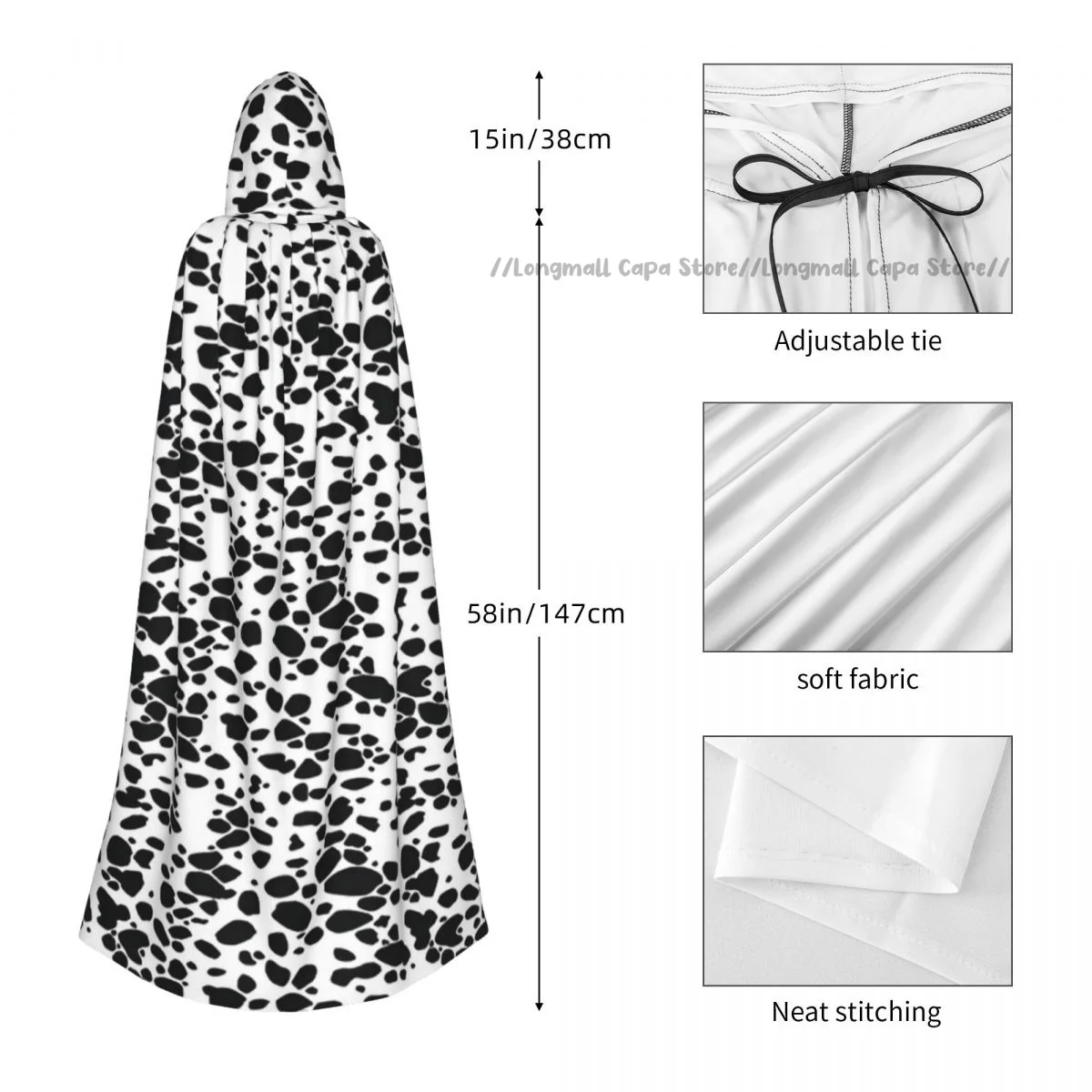 Adult Vampire Cape Hooded Robe Dalmatian Dog Print Halloween Cloak Full Length Cosplay