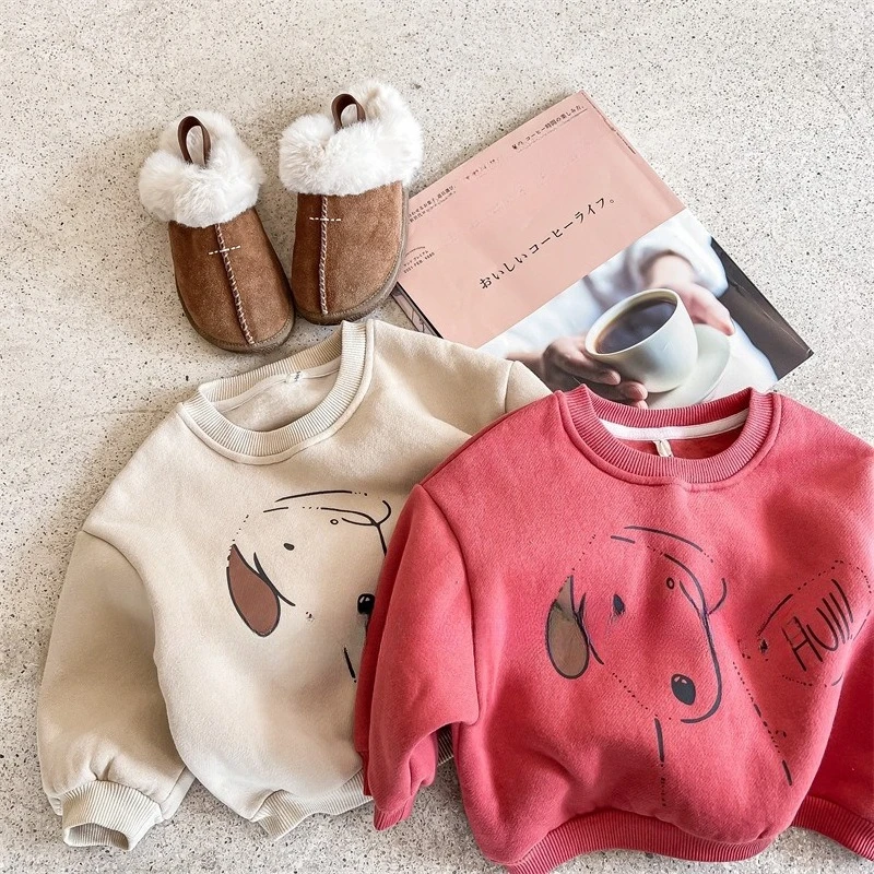 2026 New Winter Kids Fleece Lining Hoodies Cartoon Dog Printed Pullover Girls Sweatshirts Boys Tops Thick Warm Outwear Clothes