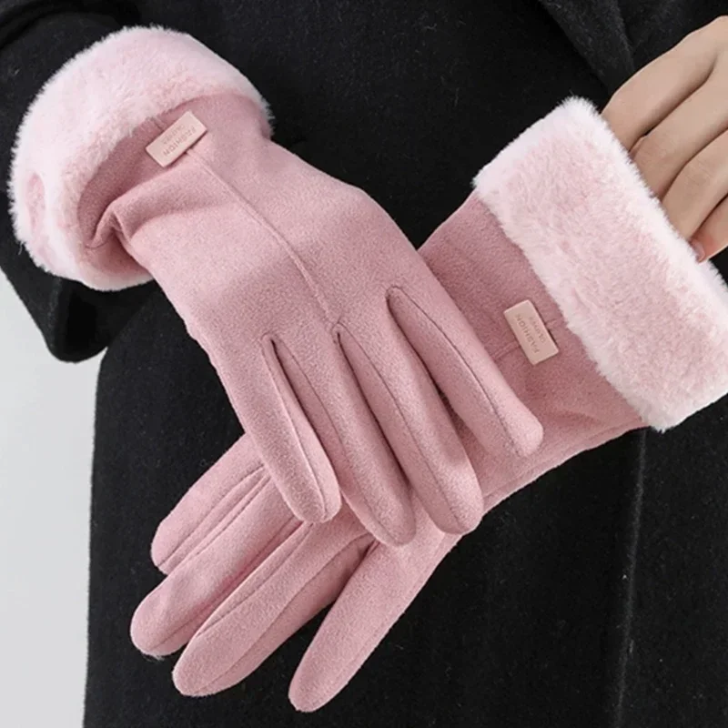 Women\'s Suede Leather Touchscreen Driving Glove Winter Warm Female Double Thick Plush Wrist Warm Cashmere Cute Cycling Mittens