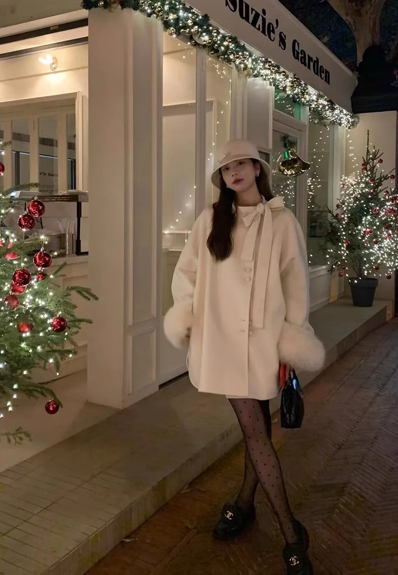 เสื้อโค้ทขนสัตว์เกาหลีสำหรับผู้หญิง ผูกโบว์ ผ้าขนสัตว์สองด้าน แจ็คเก็ตกำมะหยี่หรูหรา ขนสุนัขจิ้งจอกแท้ ใหม่