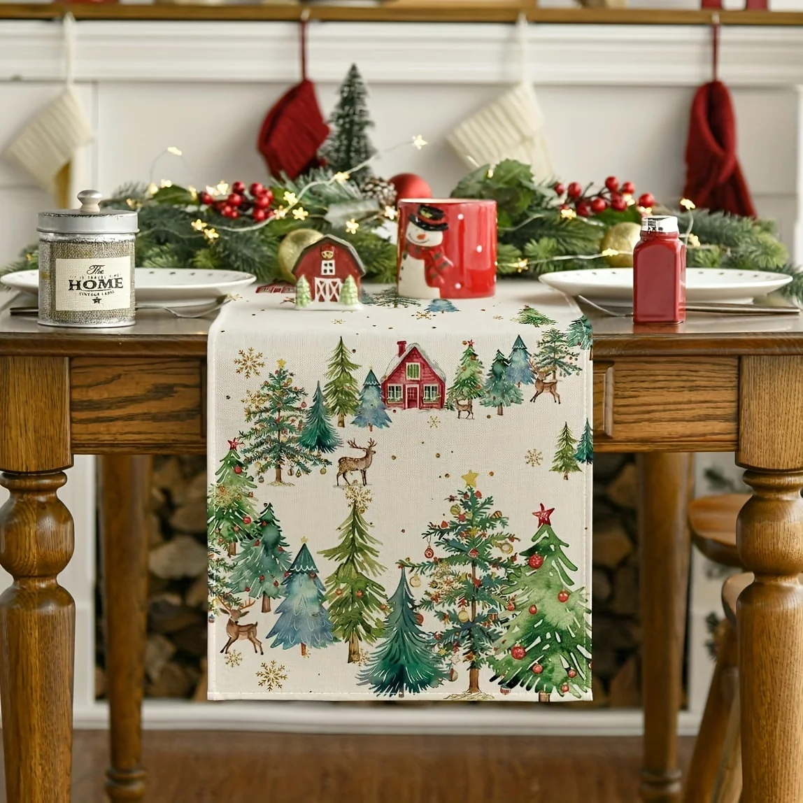 Christmas Scene Table Runner Polyester Fiber Watercolor Printed Festive Dining Decor Holiday Cheer Bringer Quality Assured