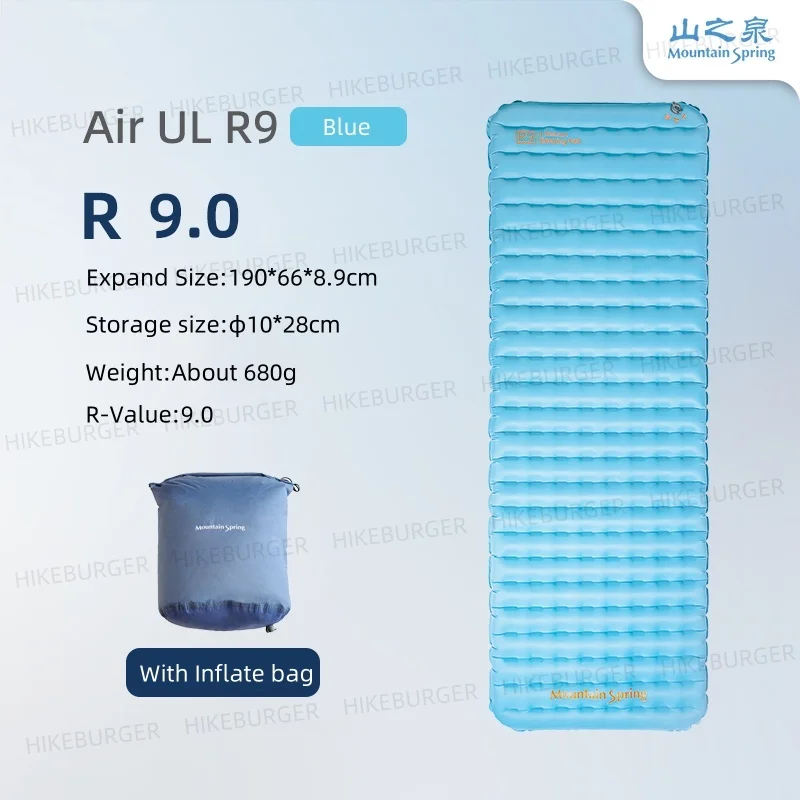 

Mountain Spring R-value 9 Sleeping Pad Outdoor Camping Thermal Inflatable Mattress Lightweight Durable Winter Hiking Backpacking
