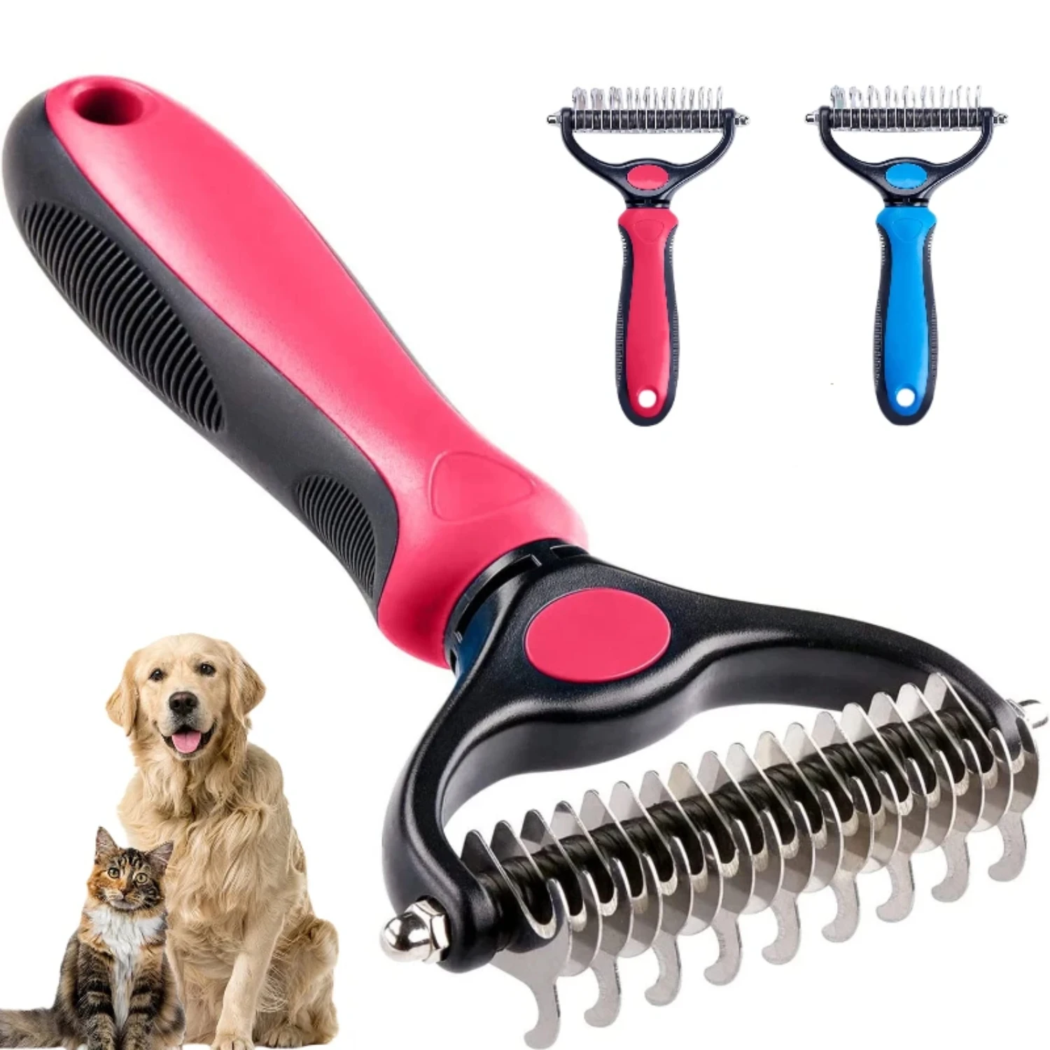 

Pet Deshedding Brush - Double-Sided Undercoat Rake Dogs & Cats - Shedding Comb and Dematting Tool Grooming, Extra Wide