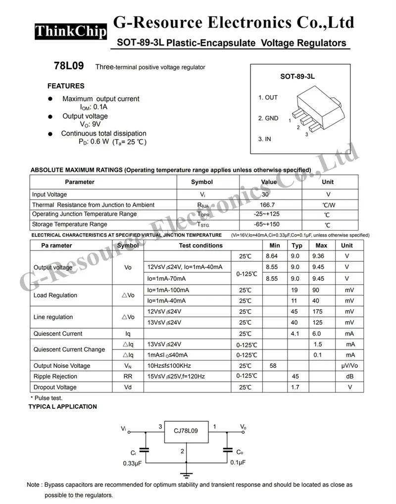 (100pcs) 78L09 SOT-89 CJ78L09 SMD Three-terminal voltage regulator