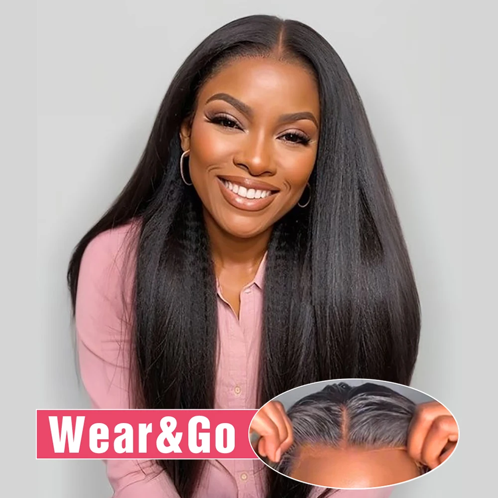 4C Yaki Kinky Straight Glueless Wig Human Hair Ready To Wear And Go Preplucked 13x6 HD Lace Frontal Wig Human Hair 250 Density