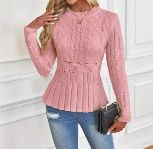 

Top Women 2026 Spring Autumn New Solid Color Round Neck Long Sleeve Pleated Hem Slim Fit Daily Casual Sweater Top