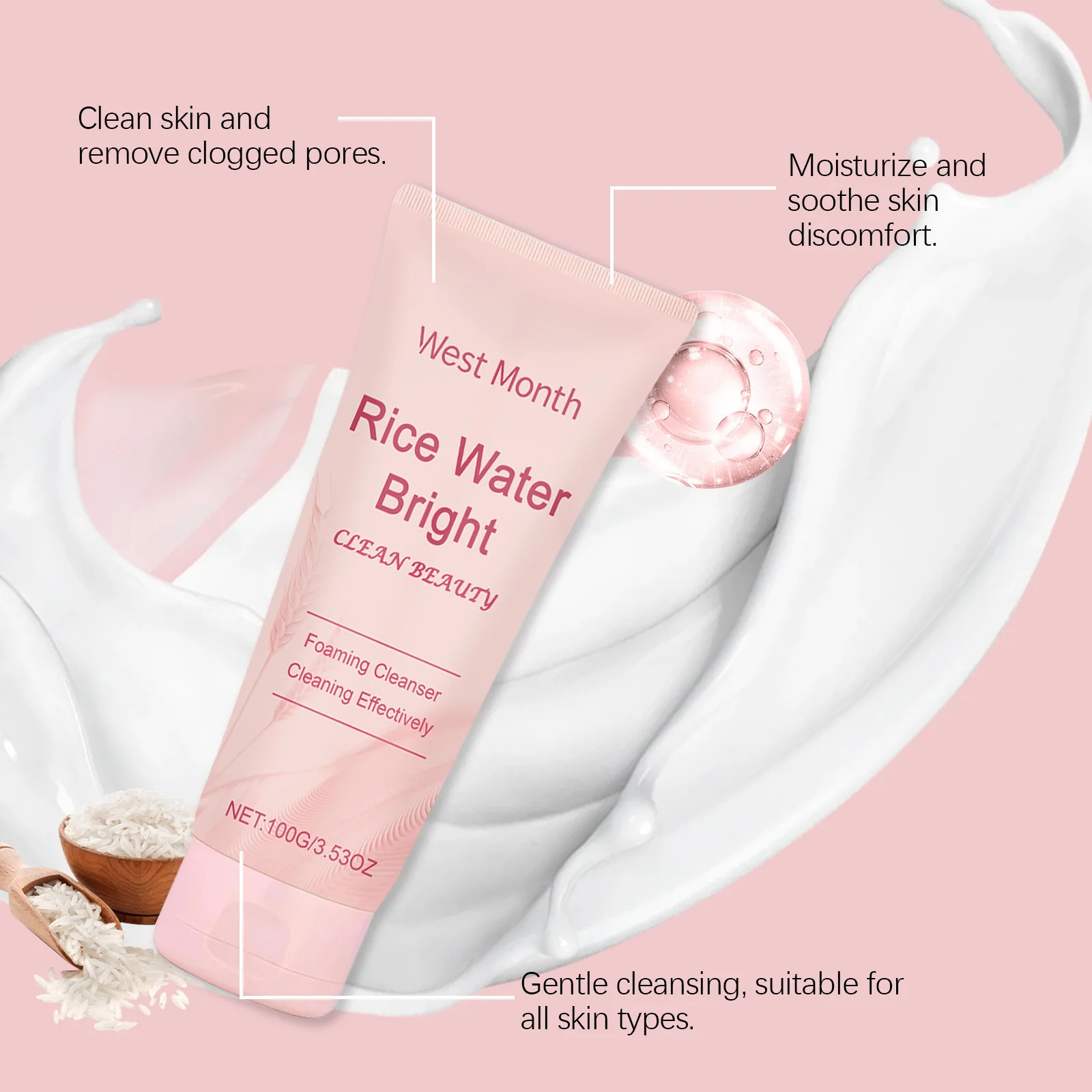 Rice Water Face Cleanser Remove Dirt Purifying Pores Fading Spots Oil Control Soft Brightening Moisturizing Foaming Facial Wash