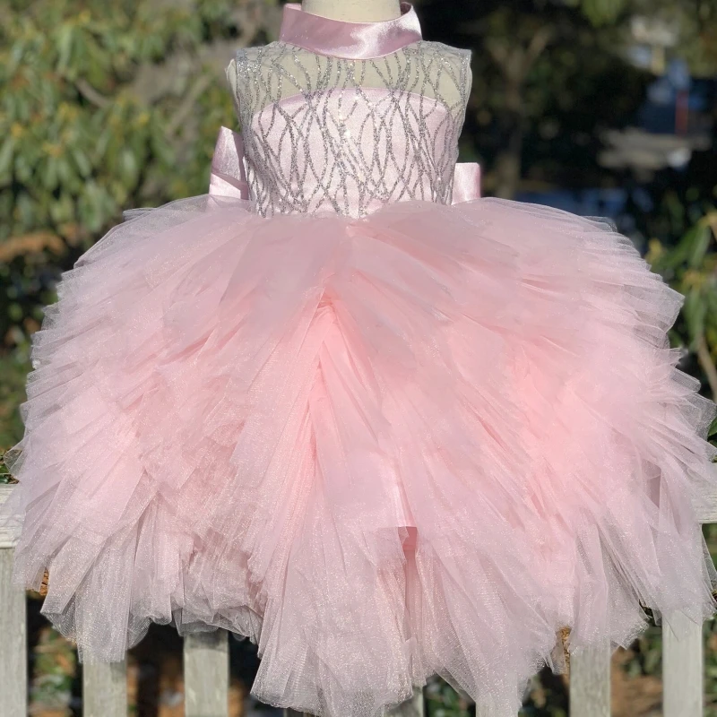 

Flower Girl Dress Pink Tulle Puffy Tiered Sequin With Bow Sleeveless For Wedding Birthday Party Banquet Princess Gowns