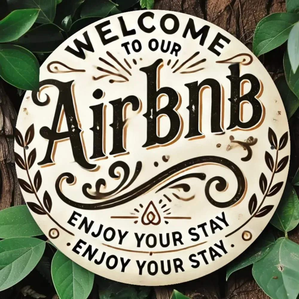 Vintage Airbnb Welcome Metal Sign - Rustic Leafy Vine Wall Decor for Home, Kitchen & Garden