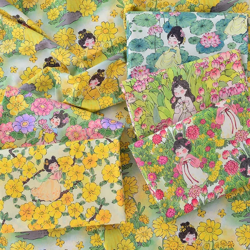 Pure Cotton Fabric Chinese Style Sleepwalking Tang Dynasty Girl Cartoon Printed for DIY Sewing Clothes Skirt Hanfu by Half Meter
