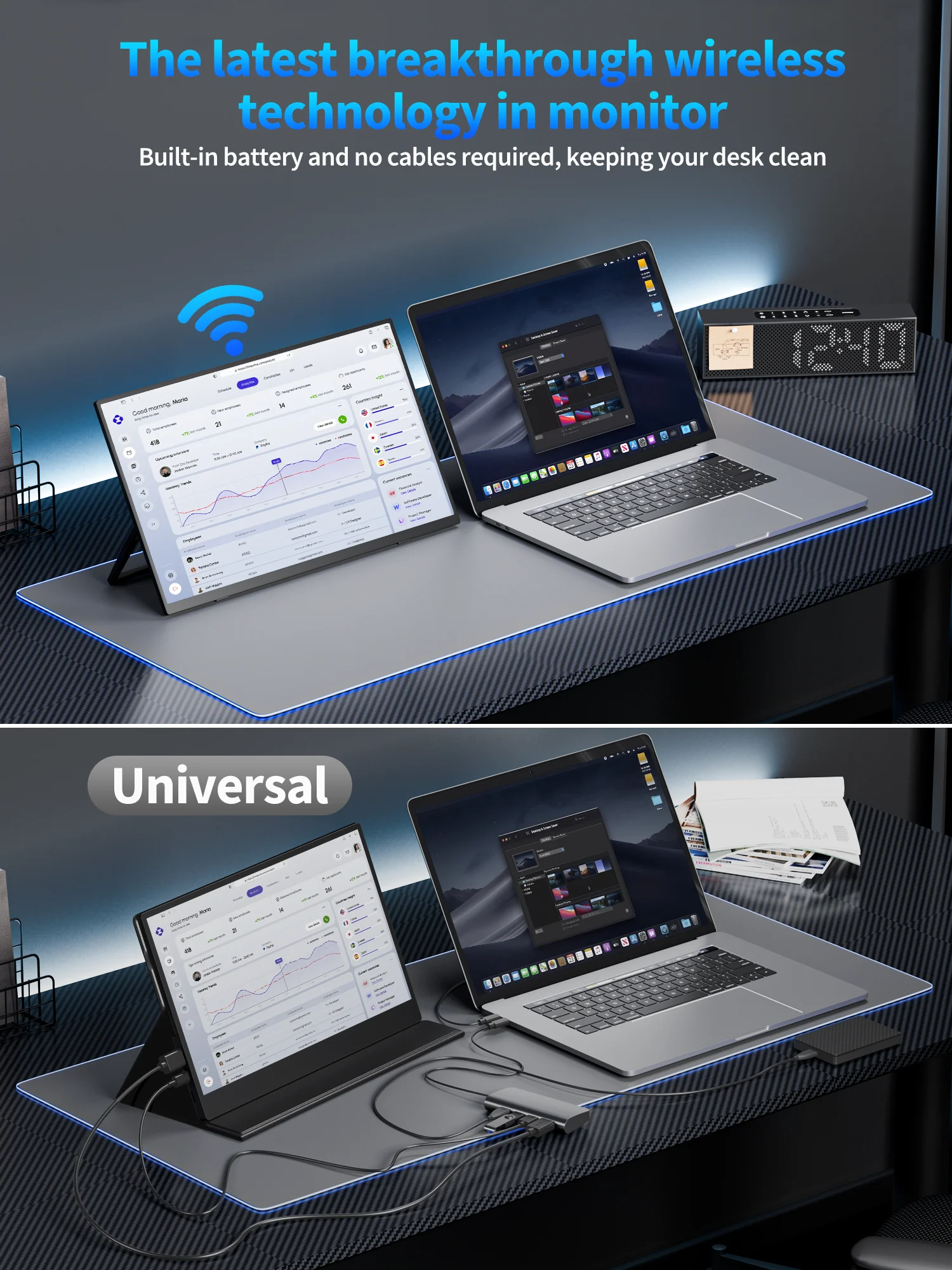 Amoudo draadloze mobiele monitor 15,6 inch 1920 x 1080 mobiel display Ingebouwde batterij Vrijstaande standaard IPS draagbare monitor