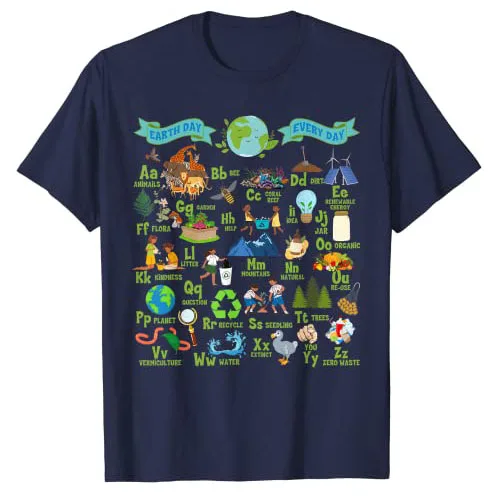 Alphabet Earth Day Every Day ABCs Save Planet Teacher Kids T-Shirt Environmental Awareness Graphic Tee Recycling Nature Tops