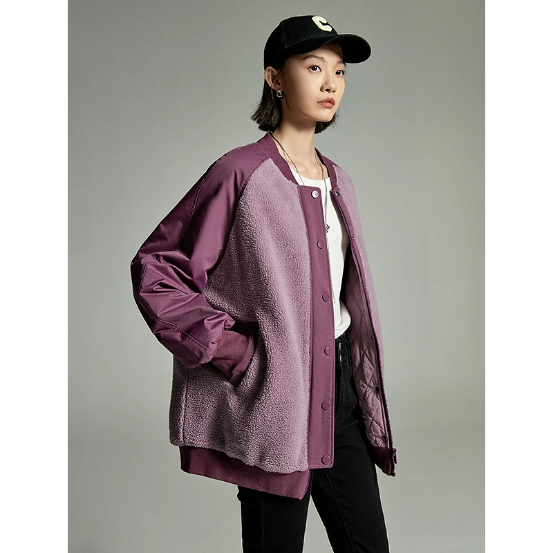 Toyouth Women Thickened Plush Cotton Coat 2023 Winter Contrast Raglan Sleeve Baseball Jacket Embroidery Fashion Purple Outwear