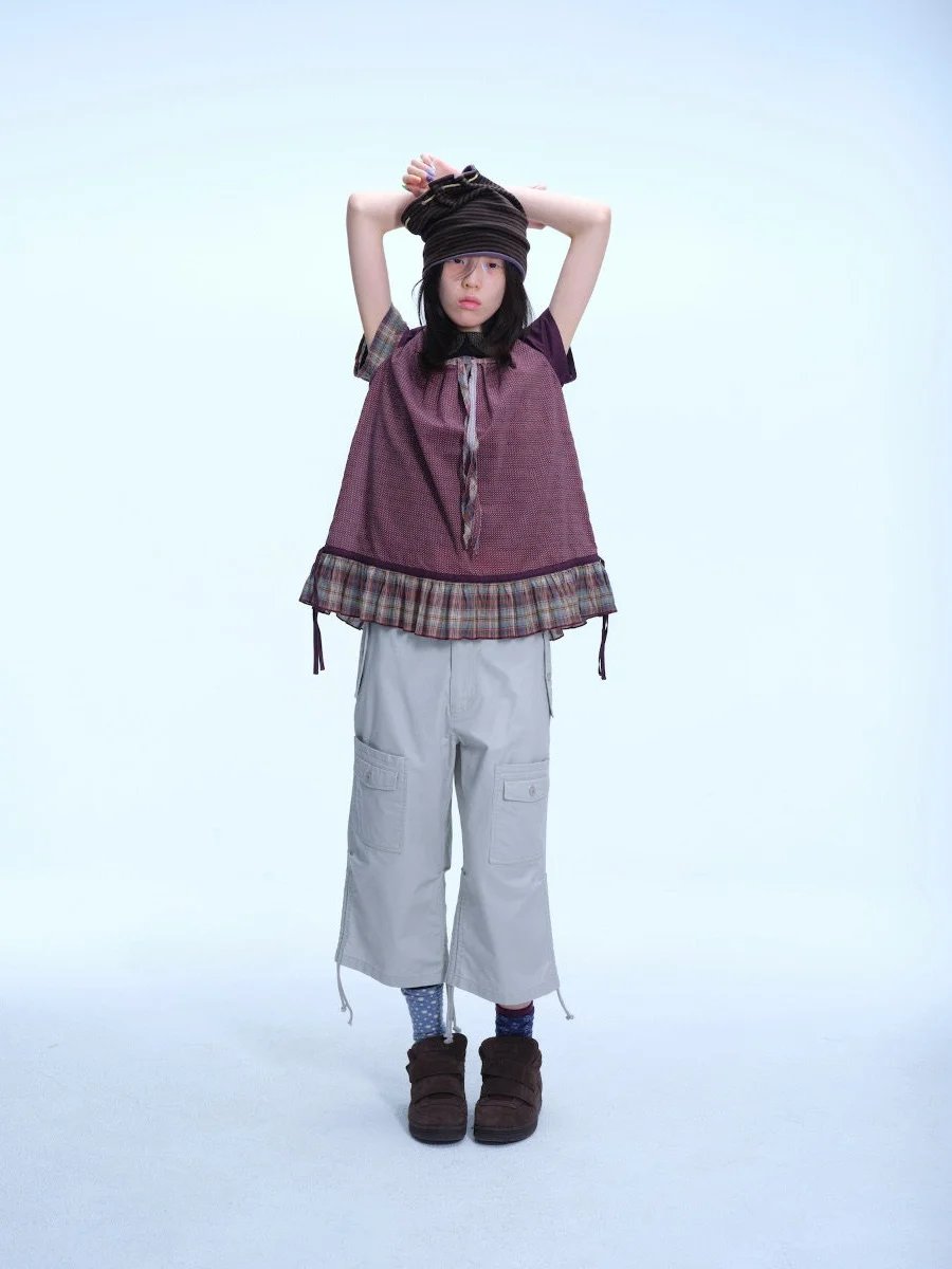 Casual Japanese Retro Pocket Drawstring Pleated Summer Slimming Seven-Foot Pants Women Versatile Straight Leg Pants Breathable