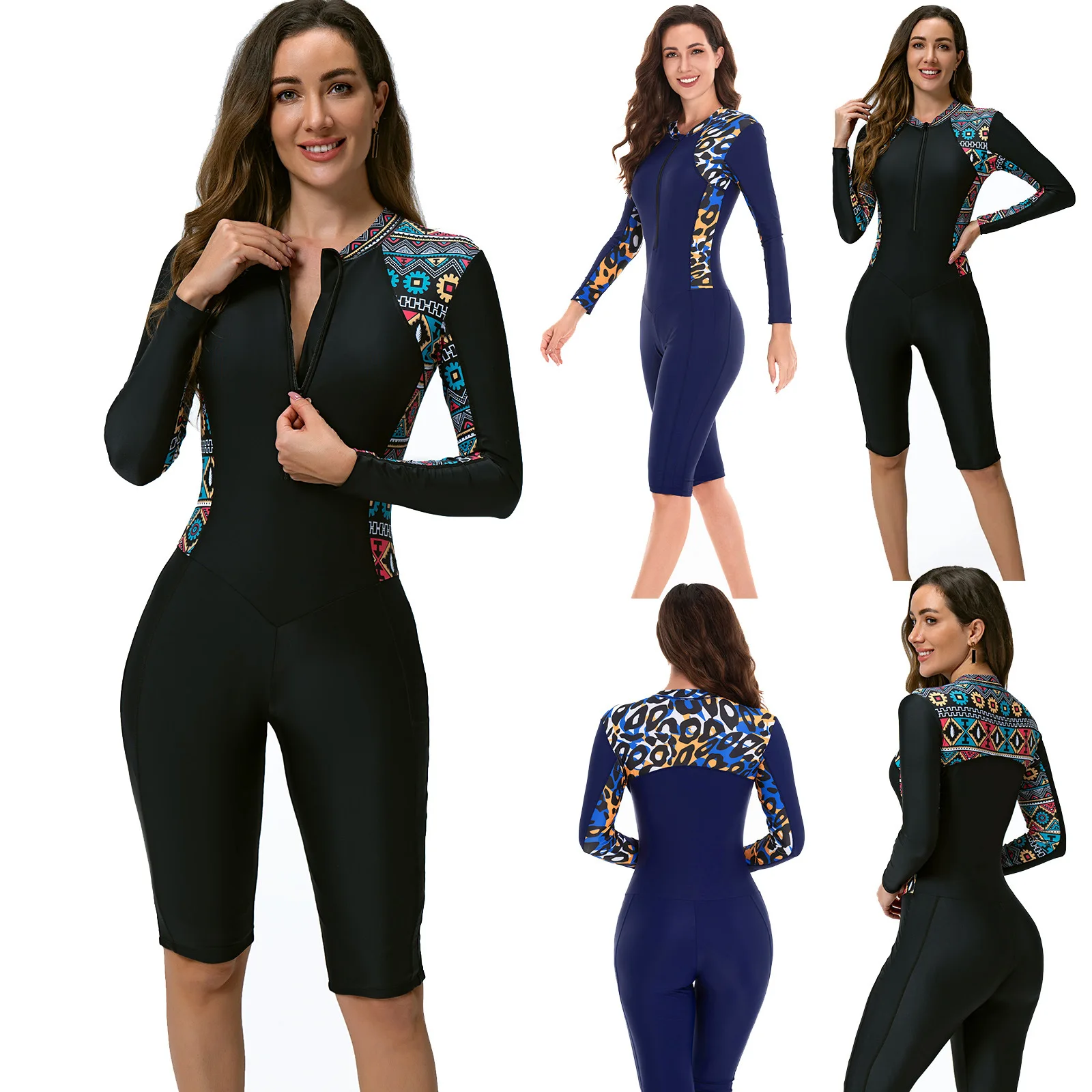 

women's foreign trade one-piece long-sleeved surf suits new flat-angle five-point pants wetsuits conservative large-size