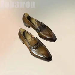 Brown Sewing Design Square Toe Leather Loafers Fashion Slip On Men Shoes Luxurious Handmade Party Banquet Office Men Dress Shoes