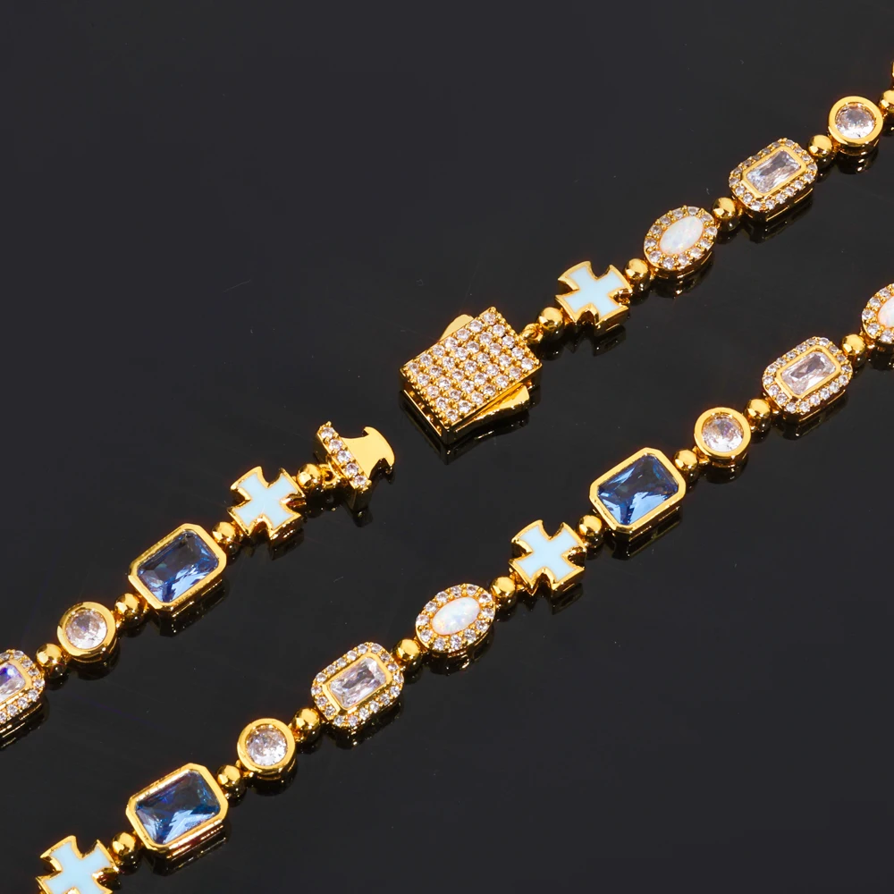 

6MM Blue Gemstone Bracelet Women's Charm Jewelry Cross Dripping Oil Craft Sparkling Cubic Zirconia Protein Stone Chain