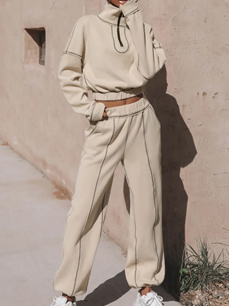 

Autumn Fashion Sports Sweatshirt Leggings Two-piece Set Women's Simple Solid Color Half-open Collar Long-sleeved Top Pants Set