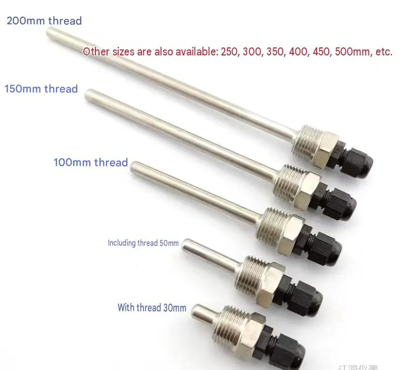 304 Stainless Steel Thermowell 1/2 BSP Immersion Pocket for PT100 PT1000 NTC Sensor Max 6mm Probe 200-400mm Length