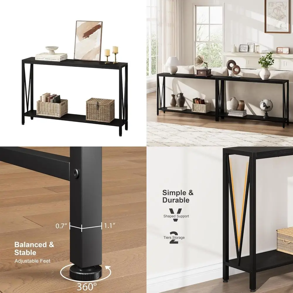 

Узкий двухуровневый входной консольный столик с местом для хранения, диван-стол 43 V-образного дизайна для прихожей, гостиной, офиса - черный