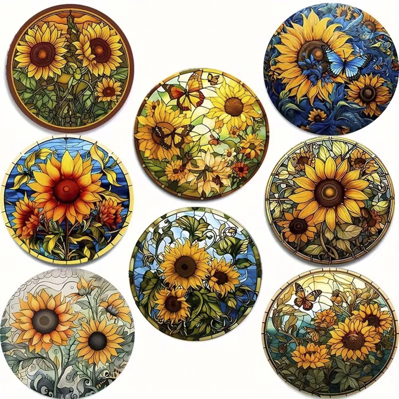 8-piece floral themed wooden coaster set, round and durable composite wooden coaster for desktop protection