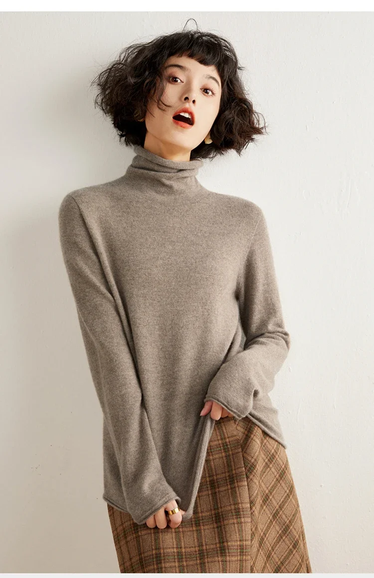 Women's Soft Waxy 100% Pure Cashmere Sweater Pile Collar Loose Bottoming Shirt Winter Seamless Ready-to-Wear Fashion