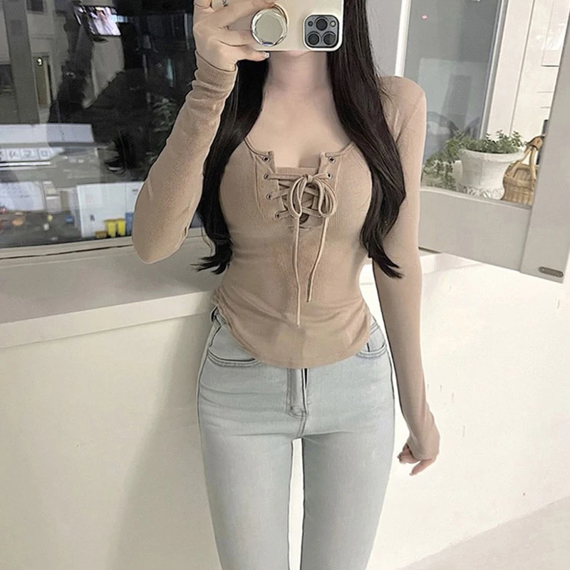 Autumn Sexy Women T Shirts Korean Lace Up Slim Long Sleeve Female Casual Tees Y2k Fashion New All Match Ladies Crop Tops