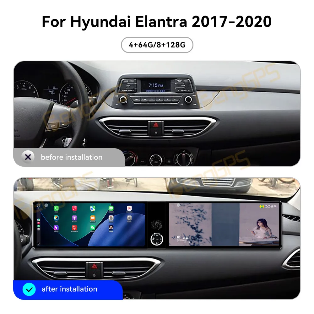 

Автомобильный радиоприемник CarPlay с двойным экраном 12,3 дюйма для Hyundai Elantra 2017-2020, мультимедийный GPS-плеер с сенсорным экраном, навигация DSP