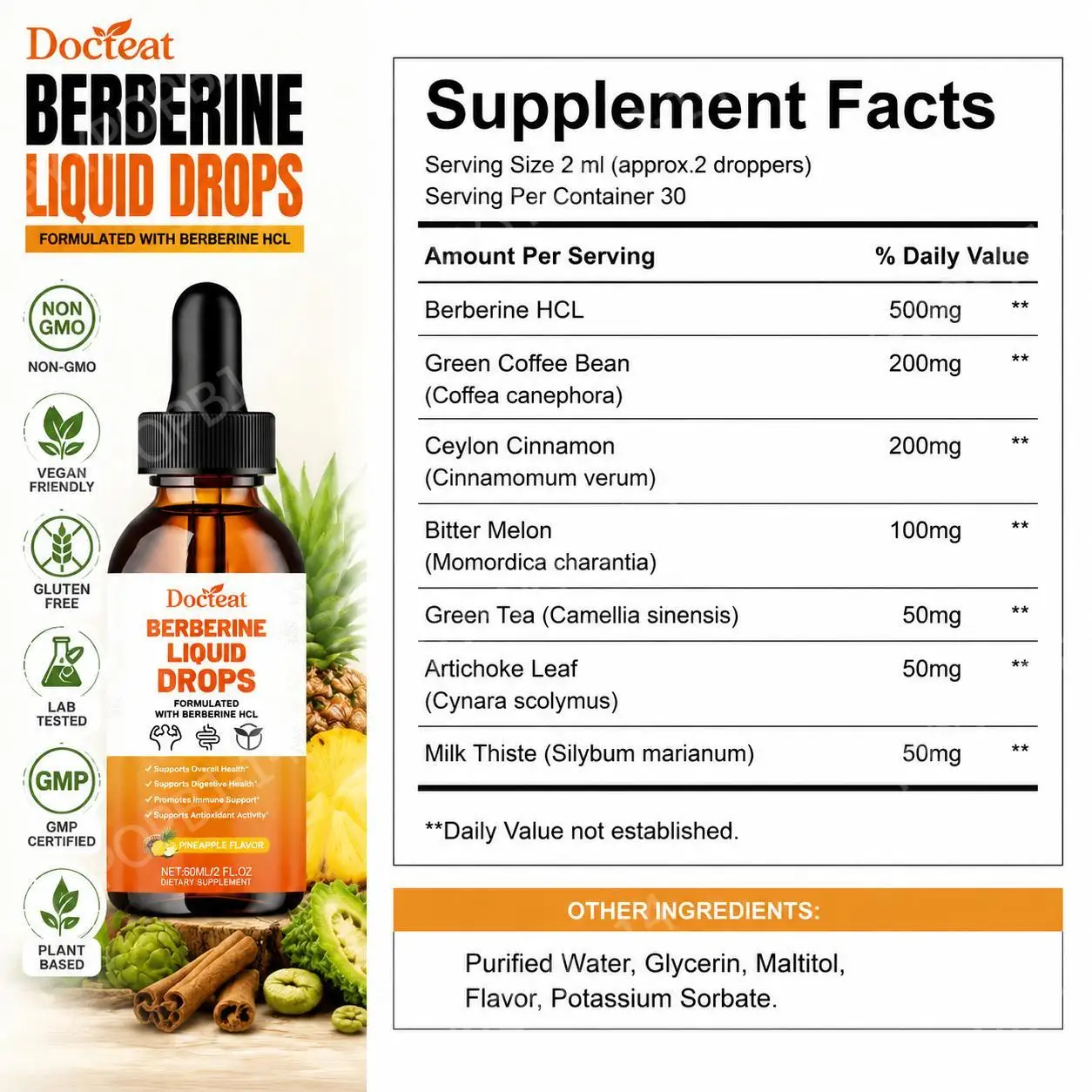 Docteat Berberine HCl Liquid Drops Supports Digestive Health with Ceylon Cinnamon and Green Coffee Bean Pineapple Flavor 60 Ml