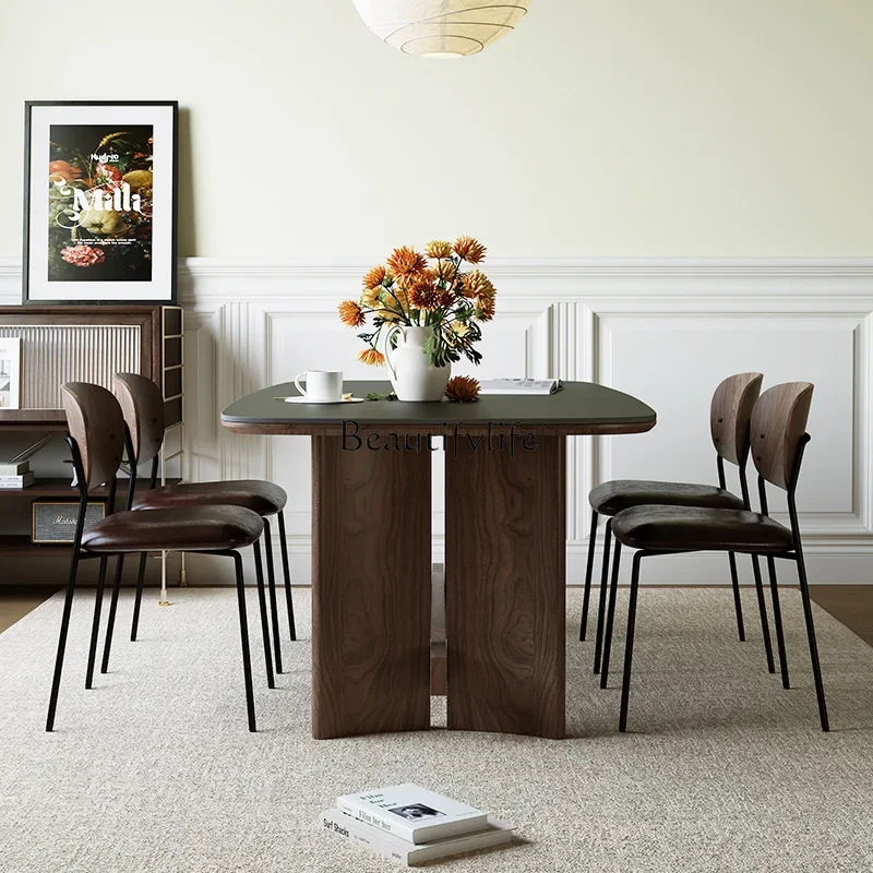 Solid wood dining table Nordic wabi style walnut color rectangular black rock slab dining table