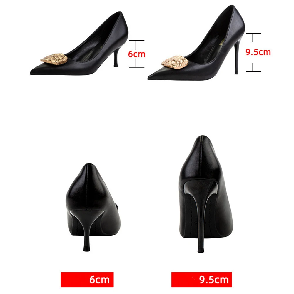 6Cm/9.5Cm Hoge Hakken Vrouwen Pumps Herfst Zacht Lederen Stiletto Sexy Feestschoenen 2024 Zwarte Dames Puntige Metalen Gesp Werkschoenen