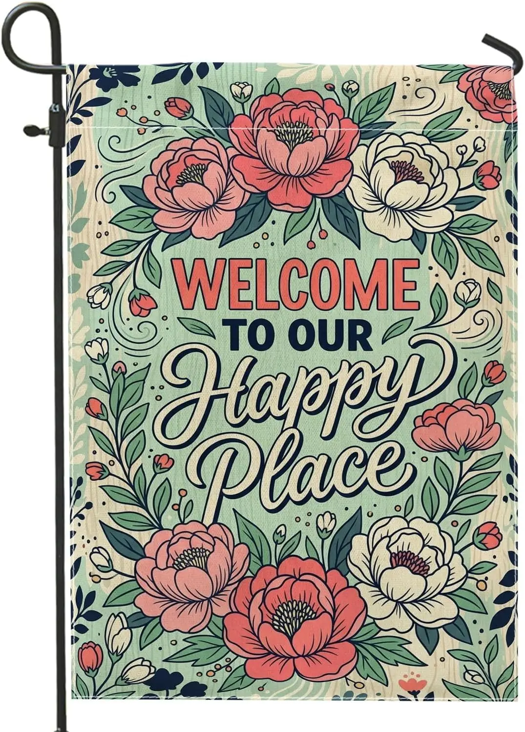 Welcome To Our Happy Place Floral Quote Peonies Garden Flag 12x18 Inch aaz