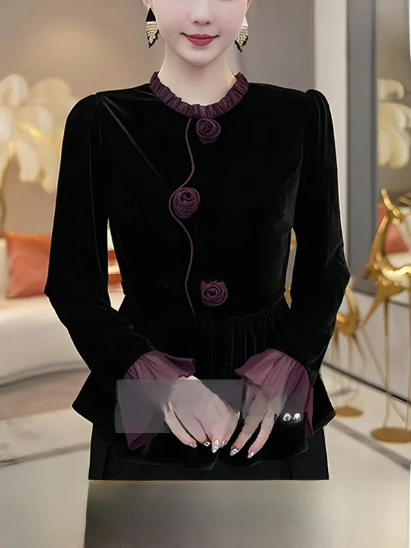 

Ele Bla Velvet irt for Women Sli Slimming Design Large Size Commute Faion Artistic Cut out Label Trendy Top