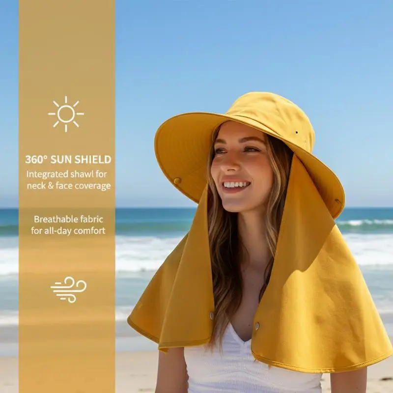 Sonnenhut mit Vollgesichts-UV-Schutz, großer Krempe und Schal, Sommerhut für Damen, für Outdoor, Strand und Reisen – Detail 9