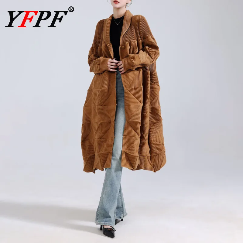 

YFPF модное плиссированное длинное пальто женское осенне-зимнее новое однотонное свободное пальто с поясом ветровка офисная женская одежда
