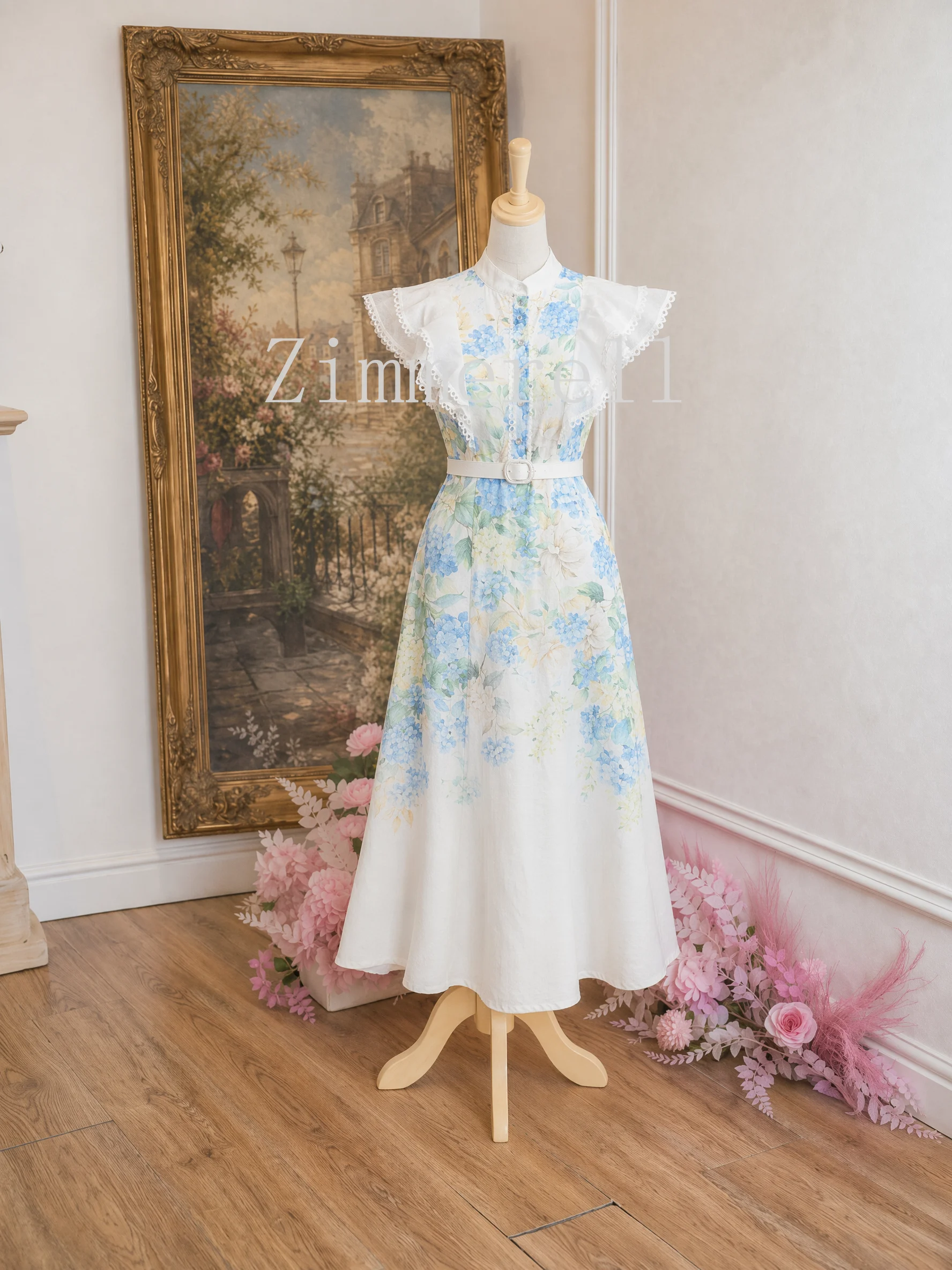 Summer French Sweet Elegant Evening Dress Women's Stand Collar Flounce Sleeve Printed Long Dress Vintage Chic Lace Party Gown