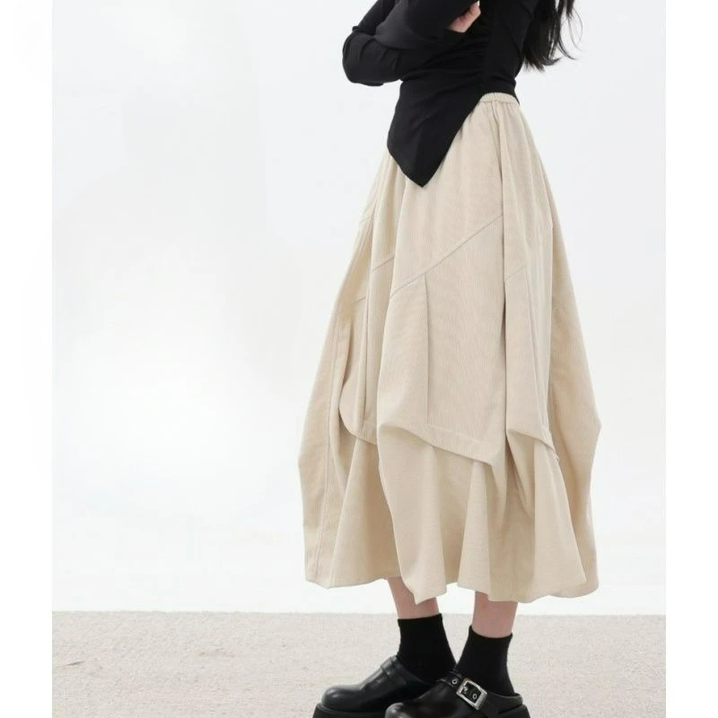 

2025 Autumn Winter New Women's Skirt with Pleated Design Corduroy Brown Mid-Length Skirt
