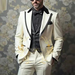 Ivory And Black Formal Business Men Suit Groom Groomsman Wedding Party Prom Male Tuxedos 3 Piece Set Blazer Vest Pants