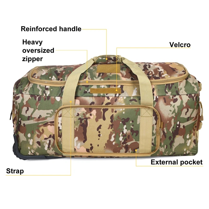 Large Capacity Military Tactical Travel Bag Wheeled Deployment Trolley Duffel Bag Heavy-Duty Camping Hiking Running Trekking