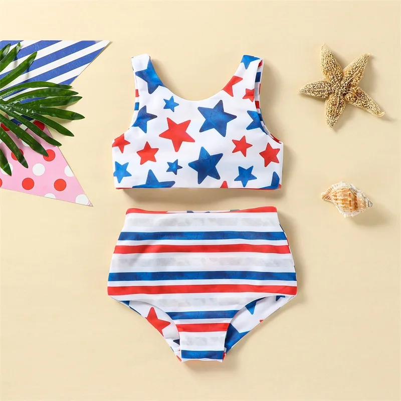 Toddler Girls 4th of July Swimsuit American Flag Reversible Bathing Suit Patriotic Crop Top High Waisted Bikini Set