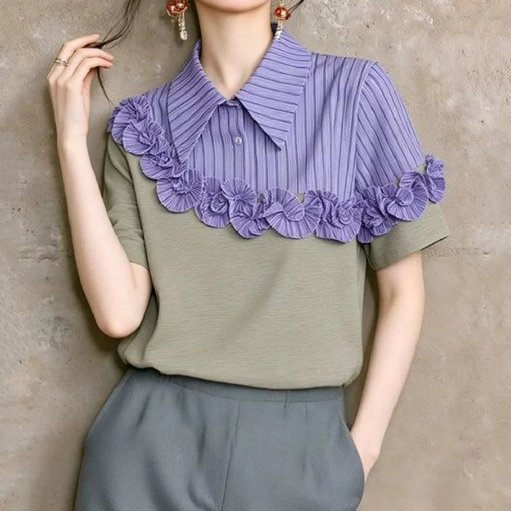 2026 summer unique and beautiful senior niche non-collision shirt high-end European foreign style splicing fake two-piece shirt