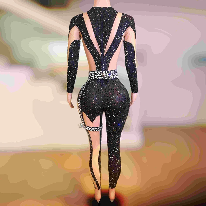 Rhinestone Black Bodysuit Women Gogo Dancer Clothes Adult Jazz Nightclub Stage Costume Party Show Rave Wear Glitter Jumpsuit2008