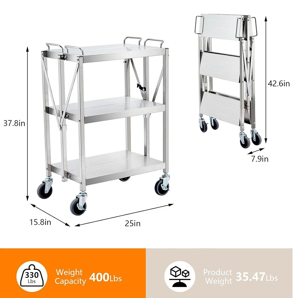 3-Tier Folding Utility Cart,Stainless Steel Kitchen Cart, 300 LB Capacity Storage Tool Tiers, Small Metal Push Cart